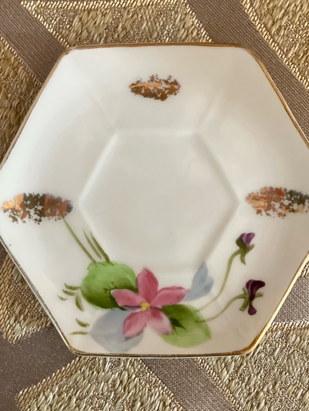 Hexagonal Floral Porcelain Butter Pat with Gold Accents - Picture 3 of 5